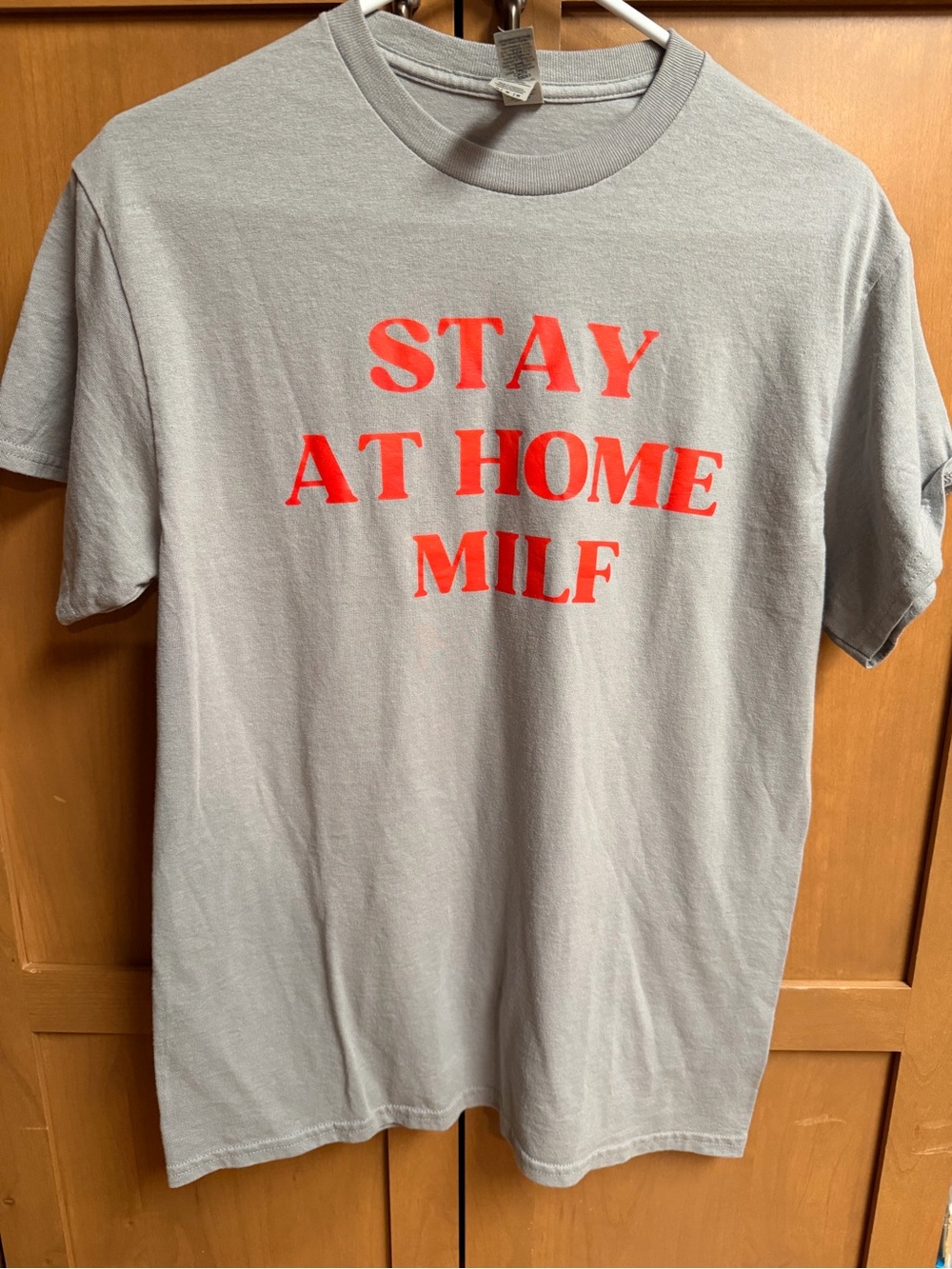 Gildan Gray Tee with Red Block Text "STAY AT HOME MILF"
